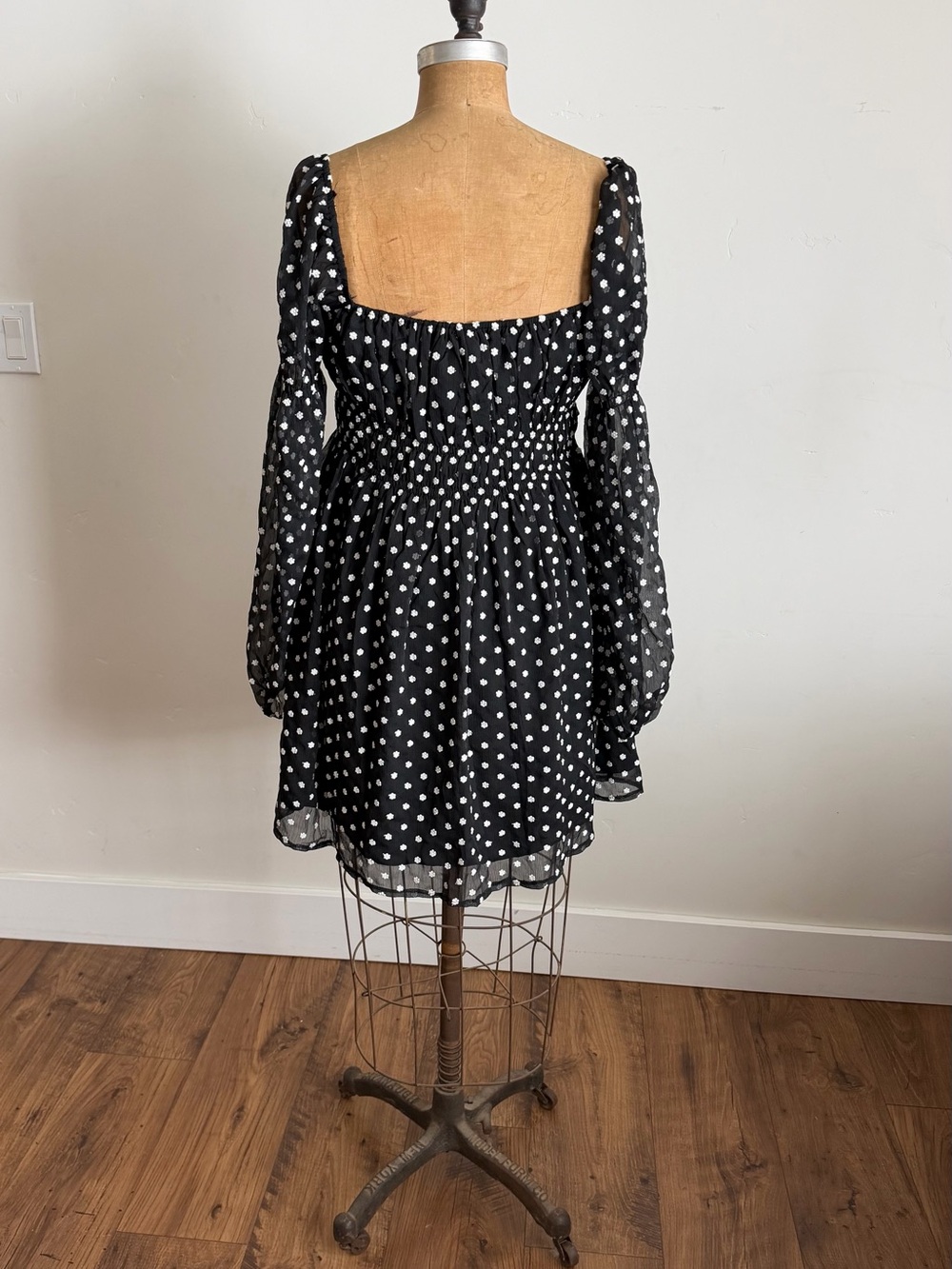 Lucy Paris Black & White Polka Dot Smocked Mini Dress - Picture 4 of 6
